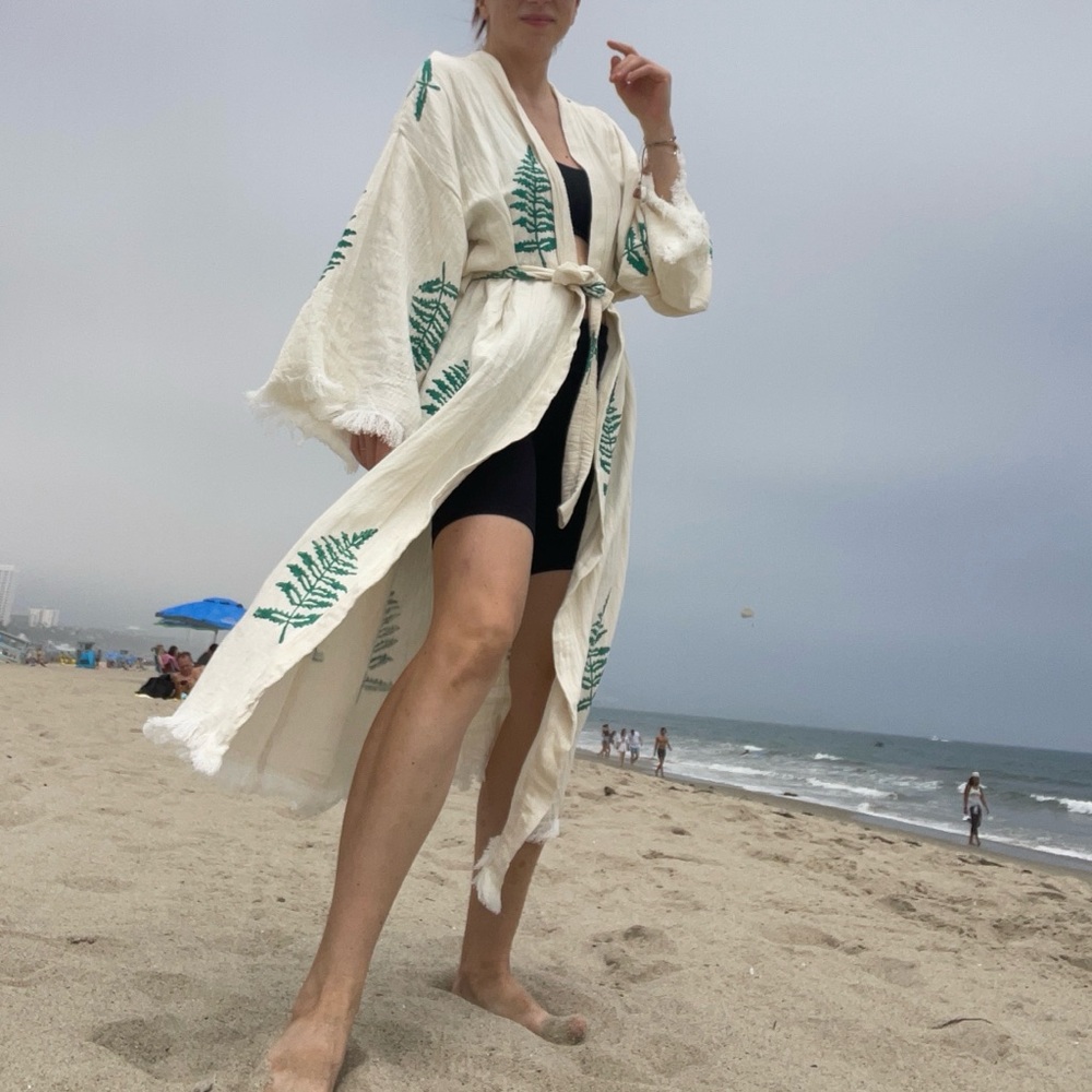 Green Fern  Turkish Towel Kimono Kaftan Bathrobe One Size